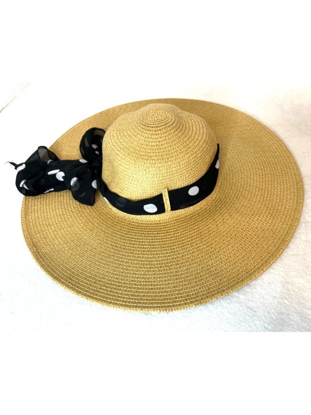 Victoria Natural Straw Sunhat Black White Polka Dot Ribbon One Size Hat Cruise
